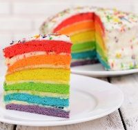 Rainbow coloured, layered cake on a plate