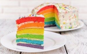Rainbow coloured, layered cake on a plate